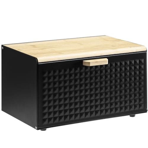 Image of Navaris Metal Bread Bin Container with Bamboo Lid - Large Aesthetic Black Bread Bins for the Kitchen - Bread Box Containers for Small Items Storage - Bread Storing Bin Set