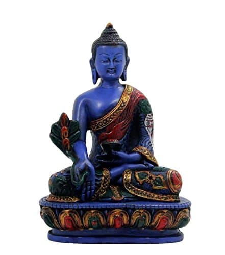 Image of Healing Lama - Medicine Buddha. Handmade 5.5 Inches Tall Multicolor Blue Hand Painted Buddha Figurine Sculpture Statue for Peace and Relaxation.