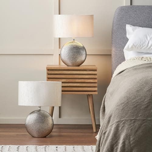 Image of Pacific Lifestyle 2 x Hammered Silver Ceramic Table Lamps Living Room | Set of 2 Art Deco Bedroom Lighting Decorative Modern Classic Table Lamps | Duo of Bedside Lamps Complete with Oval Shades