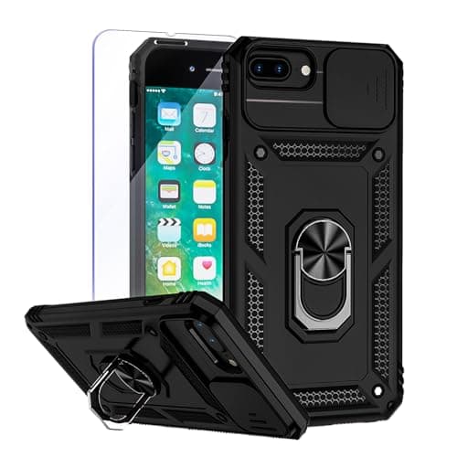 Image of Teayoha Camera Case for iPhone 7 Plus iPhone 8 Plus,with Screen Protectors, Military Grade Shockproof Cover with Magnetic Rotatable Ring Kickstand Protective Case (5.5-Inch),Black