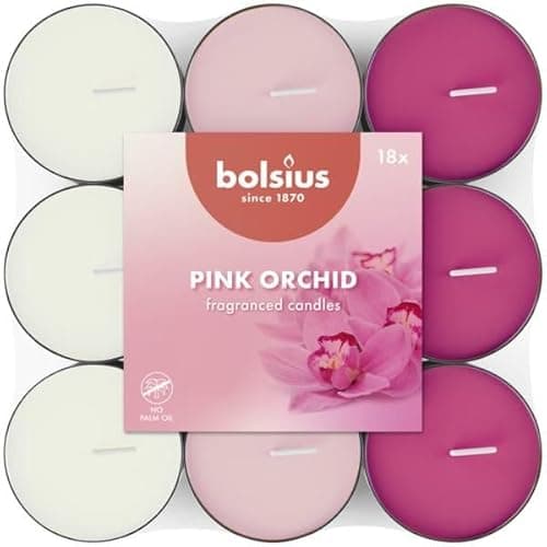 Image of Bolsius - 18 Scented tealights - Pink Orchid - Burning time of 3.5 Hours - Diameter 38 mm - Natural extracts - Contains Vegan Wax - No Palm Oil