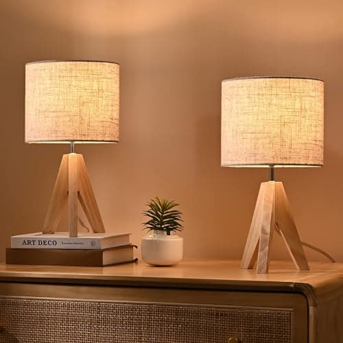 Image of EDISHINE Bedside Lamps Set of 2, Wood Bedside Table Lamp, Tripod Desk Lamp with Beige Linen Lampshade, On-Off Switch, Desk Lamps for Living Room, Bedroom, Office, E27 Base, Linen