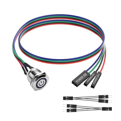 Image of SinLoon DIY Computer Switch Power Button 16MM LED PC Power Switch with 1 in 2 Splitter Nickel Plated Aluminum Mechanical Button IP67 Waterproof (Blue Backlight) - 60CM