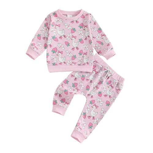 Image of MAHUAOYIXI Toddler Baby Girls Outfits Duck Strawberry Print Long Sleeve Round Neck Sweatshirts Tops with Elastic Waist Pants Sets 2Pcs Baby Waffle Clothes for Girls (Pink, 18-24 Months)