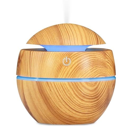 Image of GEEZY Mini Humidifier 130ml with Colour Changing LED - USB Powered Diffuser, Portable Palm Size, Wooden Grain Design, Water or Aroma Use, Quiet Mist, Great for Homes, Desktop, Bedroom, Office, Plants