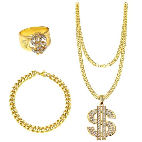 Image of Xumann 3pcs Gold Chain Fancy Dress for Rapper,Hip Hop Costume for Rapper Women Men,Dollar Sign Necklace Accessories