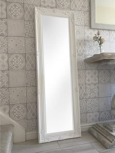 Image of DOWNTON INTERIORS UK White Tall Ornate Dressing Wall Mirror with Bevelled Glass - Overall Size: 142cm x 47cm