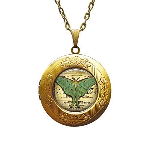 Image of DODXALL Luna Moth Locket Pendant, Butterfly Necklace, Green Glass Cabochon, Alloy Chain, Unisex Adult Women/Girls