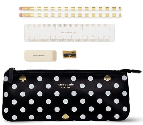 Image of Kate Spade New York Pencil Case Including 2 Pencils, Sharpener, Eraser, and Ruler School Supplies (Polka Dot)
