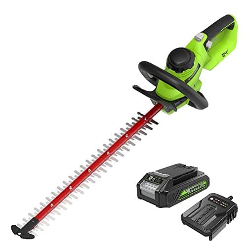 Image of Greenworks Cordless Brushless Hedge Trimmer 24V GD24HT61K2, 61cm Dual Action Blade, Cuts up to 25.4mm Thick Branches and Stems 3200 spm with 2Ah Battery & Charger, 3 Year Guarantee