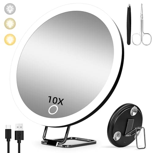 Image of Suupvaor Magnifying Mirror with Light 10X, Travel Makeup Mirror with Magnification, 3 Colors Dimmable Light For Make up, Large 15cm, Rechargeable, With Tweezers & Scissors