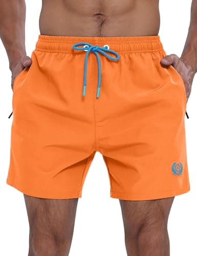 Image of APTRO Mens Swim Shorts Quick-Dry Mesh Lining Summer Beach Shorts 4-Way Stretch Swim Trunks with Zipper Pockets Orange L
