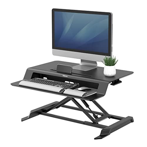 Image of Fellowes Lotus LT Height Adjustable Standing Desk Converter - Sit Stand Desk with Gas Spring Technology - Max Weight 17KG - Black