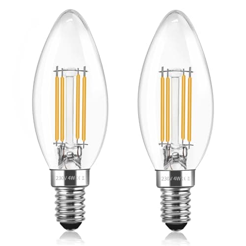 Image of Caldarax 2 Pack E14 LED Candle Light Bulbs, 4W Equivalent 40W, 400LM Warm White 2700K, SES Small Edison Screw E14 C35 Candle Bulbs, AC 220-240V, Non Dimmable, Clear LED Filament Bulbs for Chandelier