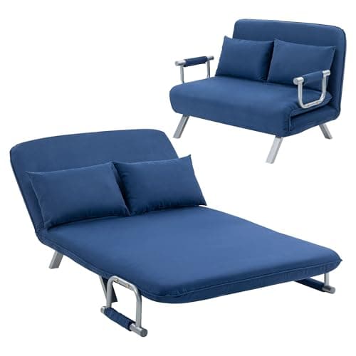Image of HOMCOM 2 Seater Sofa Bed, Click Clack Convertible Bed Settee, Modern Faux Suede Upholstered Sofa with 2 Pillows for Living Room, Guest Room, Dark Blue