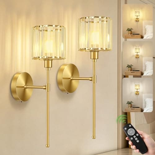 Image of Kimjo Rechargeable Wall Lights Indoor, Crystal Battery Operated Wall Lights Set of 2, USB-C Wireless Wall Lamps & Sconces for Living Room Bedroom Hallway Staircase, Gold