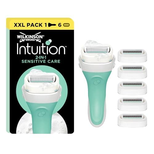 Image of Wilkinson Sword Intuition 2-in-1 Sensitive Care Women’s Razor Blade Refills, Hair Removal, Touch of Aloe Vera,1 Reusable Handle and 6 Cartridges Pack