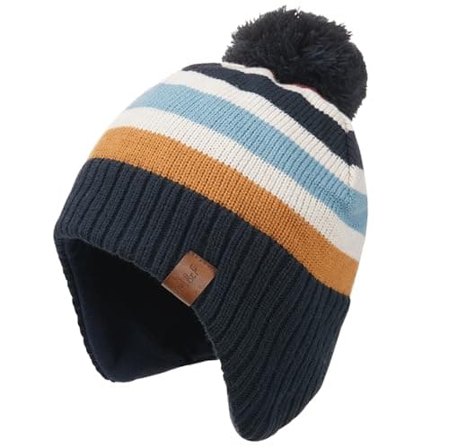 Image of XYIYI Navy Striped Kids Baby Knitted Hat Toddler Winter Warm Fleece Lining Pompom Beanie Hat for 2-4 Years Old Boys Girls
