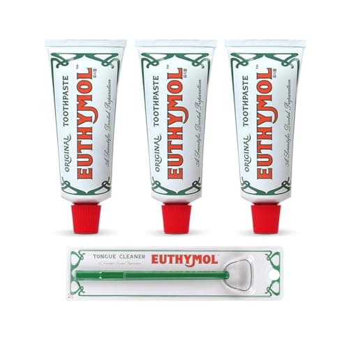 Image of Euthymol Original Toothpaste 75ml x 3 + Tongue Cleaner, No Fluoride, Anti-Plaque, Antibacterial, Cavity Protection, Teeth & Gums Clean and Healthy, Cool Mint Refresh, Daily Oral Enamel Dental Care