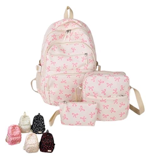 Image of 3-Piece Bow School Backpack Set for Girls – Cute Rucksack with Shoulder Bag & Pencil Case, Lightweight Nylon, Laptop Compartment, Gift for Teens, 7 Colours (White Pink)