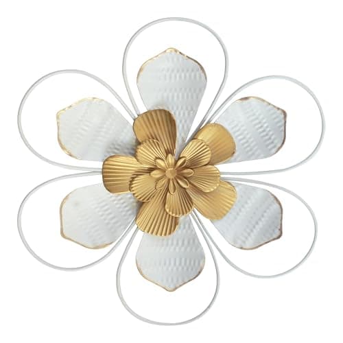 Image of Metal flower wall decor, white iron wall art hanging decoration, rural modern floral sculpture wall decor art, suitable for indoor, outdoor, bathroom, bedroom, living room, garden, kitchen, terrace