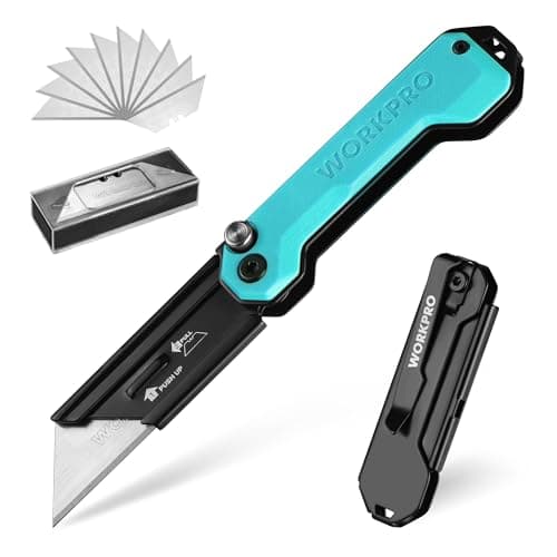 Image of WORKPRO Folding Utility Knife, Box Cutter with Quick-Change Mechanism, Includes 10 SK5 Blades, Ideal for Cutting Leather, PVC, Paper and DIY, Blue