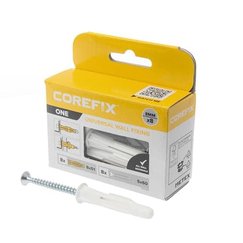 Image of Corefix ONE Universal Wall Plugs & Screws Pack of 8, Heavy Duty (100kg in masonry) Wall Fixing Suitable or All Wall Types. Perfect For Mounting Shelves, Hanging TV's And Securing Cabinets