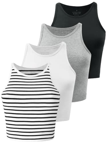 Image of BryticFlow Crop Tops for Women Workout Cropped Tank Top High Neck Camisole Yoga Shirts Athletic Undershirts 4 Pack Black/White/Grey/Stripe L