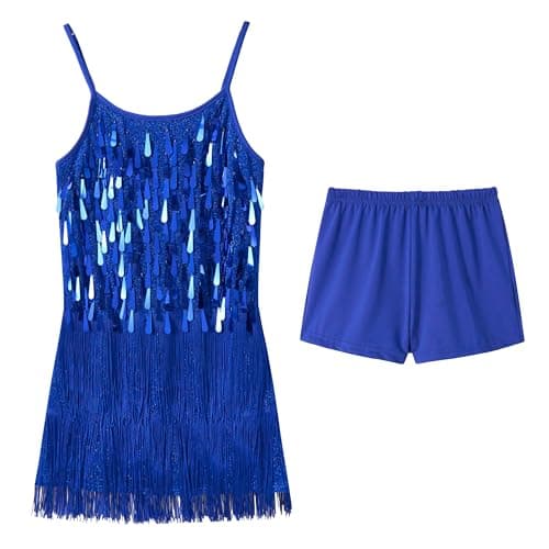 Image of LOLANTA Girls Sequin Fringe Dance Costume, Kids Salsa Rumba Latin Dancing Clothes Set, Sparkling Sleeveless Tassel Dance Mini Dress with Shorts, RoyalBlue, 11-12 Years, 160