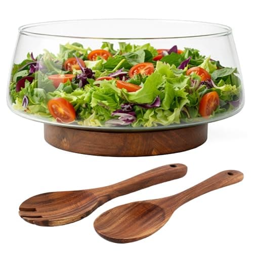Image of MIAMIO - Large Salad Bowl with Serving Utensils (3.5L), Glass Salad Bowl Set with Wood Base, Salad Serving Bowl/Fruit Bowl/Large Glass Serving Bowl with Acacia Wooden Stand