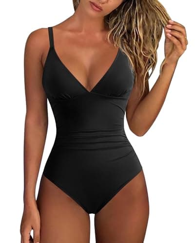 Image of RXRXCOCO Tummy Control Swimming Costume Women Deep V Neck One Piece Swimsuit Crisscross Back Bathing Suit Swimwear Black M