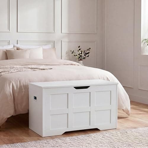 Image of Vida Designs Storage Ottoman Bench | White | 76W cm | Shaker Style | Cut-Out Handle | Easy Assembly | Blanket Box | Modern Bedroom Living Room Hallway Furniture Storage Toy Box Unit