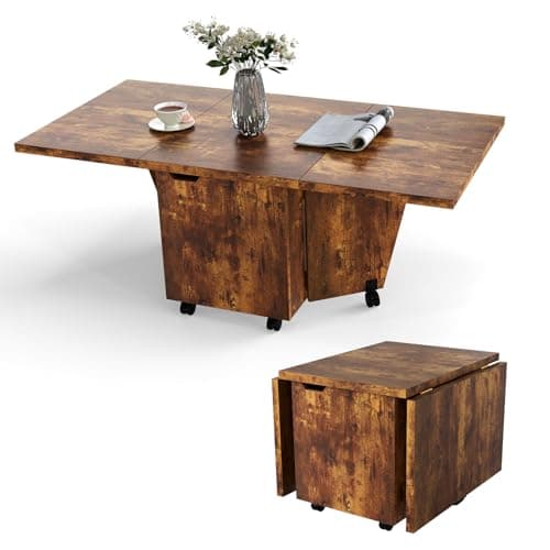 Image of COSTWAY Folding Coffee Table, Drop Leaf Extendable Center Table with Storage Door Cabinet and Wheels, 120cm Rectangular Rolling Accent Sofa Side Tea Tables for Living Room, Small Spaces (Rustic Brown)