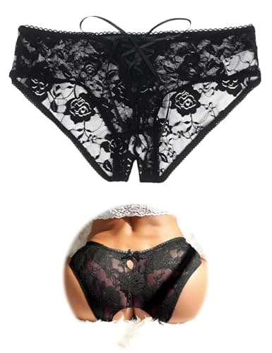 Image of ohmydear Lace Thongs for Women Sexy Underwear Sheer French Knickers Adjustable Criss Cross Ladies Tanga Briefs Keyhole Lingerie Panties Size 8-10 Black