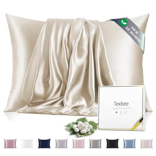 Image of Texbee Silk Pillowcase, 22 Momme Mulberry Silk Pillowcases for Hair and Skin Health, Soft Smooth Breathable Cool Pure Pillow Case for Beauty Sleep, with Gift Box, 1pc (Standard 50x66 cm, Cream)