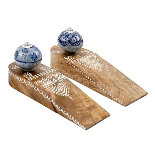 Image of Set of 2 Traditional Wooden Door Stop Wedges, Mango Wood Decorative Door Stopper Wedges, Wood & Blue Ceramic Floor Doorstops