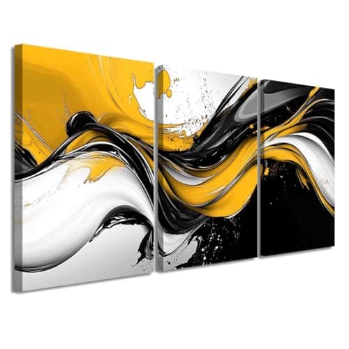 Image of LZIMU 3 Pieces Abstract Wall Art Black White Picture Prints Graffiti Splash Ink Canvas Painting Modern Neutral Aesthetic Artwork Office Living Room Bathroom Decor (Yellow, (12x16inchx3 Pieces))
