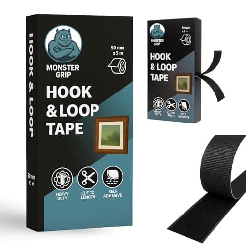 Image of Monster Grip Hook and Loop Tape, 50mm x 5m, Heavy Duty, Cut to Length, Strong Self Adhesive Hook and Loop Tape, Advanced Hook System for Maximum Holding Power (Black)