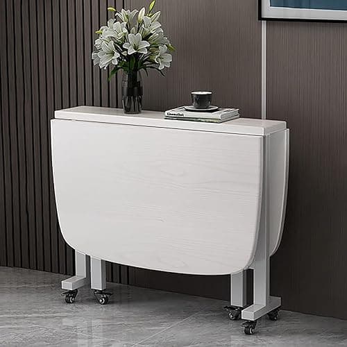 Image of Extendable Folding Dining Table 120x70cm, Space-Saving Drop Leaf Kitchen Table with Locking Wheels, Wooden Flip-Top for Small Apartments - White, 100/120cm Options