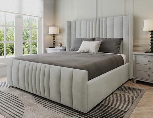 Image of Furnishion Manhattan Super King Bed Frame, 6ft Super King Size Bed, Luxury Plush Velvet Upholstered Panelled Design, Strong Wooden Beds Frame 6ft Size with High Headboard in Silver Plush