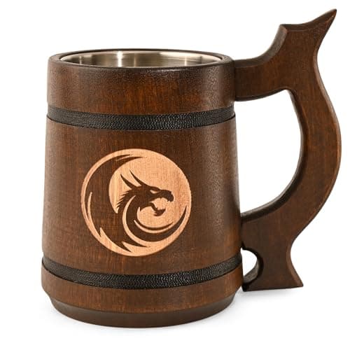 Image of Teslyar Viking Beer Mug Tankard – Handmade Oak Wood & Stainless Steel Cup, 600 ml Viking Mug, Wooden Beer Stein, Medieval Style Drinkware, Men’s Gift, Father’s Day or Birthday (Dragon)