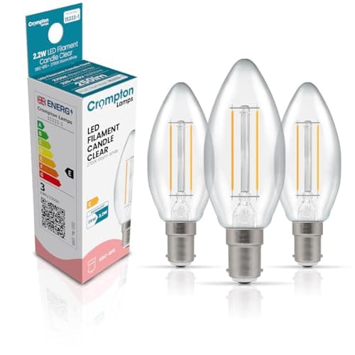 Image of Crompton Lamps Filament Candle LED Light Bulb SBC-B15d | 2.2W = 25W Equivalent | Warm White 2700K | Energy Efficient | Small Bayonet Lightbulb | Long Life 15000-Hrs | Clear Glass | Dimmable | 3-Pack