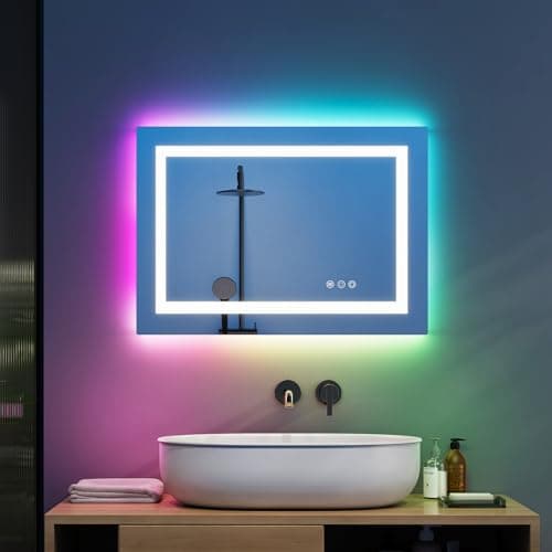 Image of Warmiehomy RGB Bathroom Mirror with LED Lights,Rectangular 450x600mm LED Illuminated Bathroom Mirror 3 Colour Dimmable Lights Demister Pad Touch Switch,Aluminium Frame