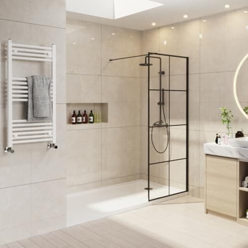 Image of NRG 900 x 1950mm Wetroom Screen Wet Room Shower Enclosure Black Grid Framed Shower Screen Panel 8mm Easy Clean Glass