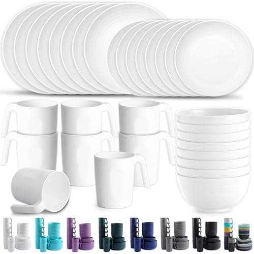 Image of Kyraton Plastic Dinnerware Sets of 32 Pieces Service for 8, Unbreakable and Reusable Light Weight Plates Mugs Bowls Dishes Easy to Carry and Clean Microwave Safe BPA Free Dishwasher Safe