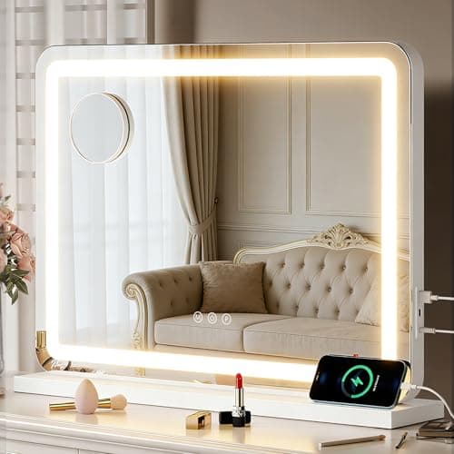 Image of Vanity Mirror with Lights, 58x43 CM Large Light Up Mirror with Dimmable LED Lights, 3 Lighting Modes, 10x Magnifying Mirror, USB+Type-C Charging, Tabletop or Wall Mounted Makeup Mirror For Bedroom