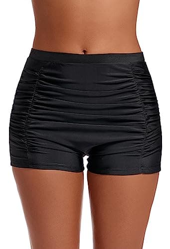 Image of Lovache Women's High Waisted Swim Shorts Ruched Boyleg Tummy Control Bikini Bottom Black