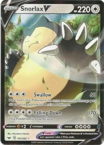 Image of Snorlax V 141/202 Ultra Rare Pokemon Card (Sword & Shield) + 1x TitanCards® Toploader