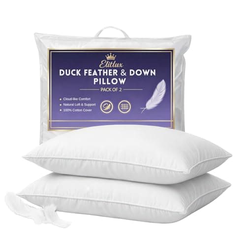 Image of ELITLUX Hotel Quality Duck Feather Pillows 2 Pack – Soft & Supportive Down Alternative Filling – Comfortable Firm Pillows for Side, Back & Stomach Sleepers – Machine Washable (White)