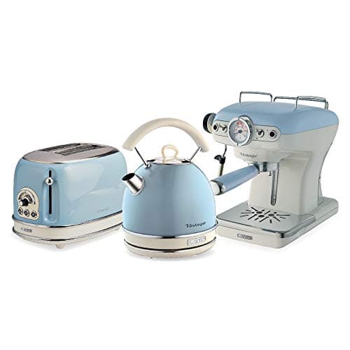 Image of Ariete ARPK18 Retro Style Dome Kettle, 2 Slice Toaster and Espresso Machine Set, Vintage Design, Blue